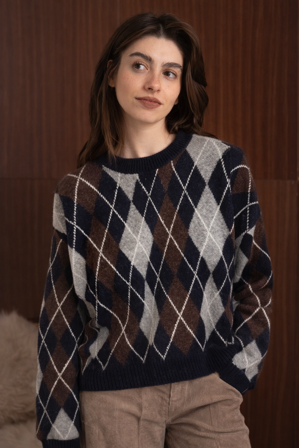Maglione fantasia rombi Multicolor blu e marrone