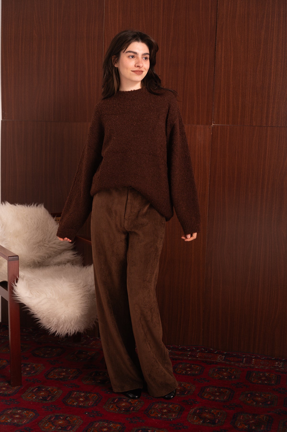 Maxi Maglione Bouclé Marrone in Misto Cotone