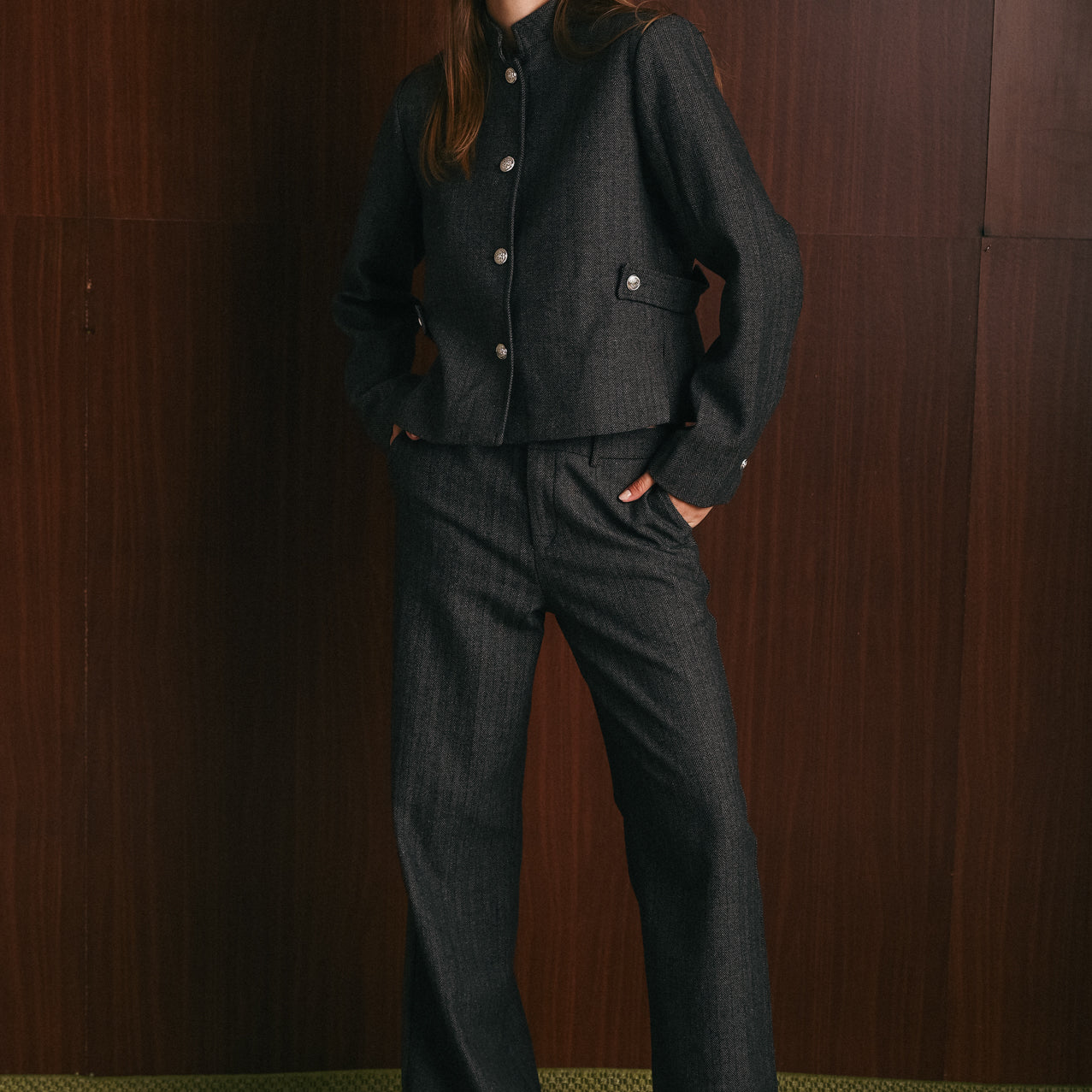 Pantalone Donna Spigato Grigio a Gamba Ampia con Zip e Bottone