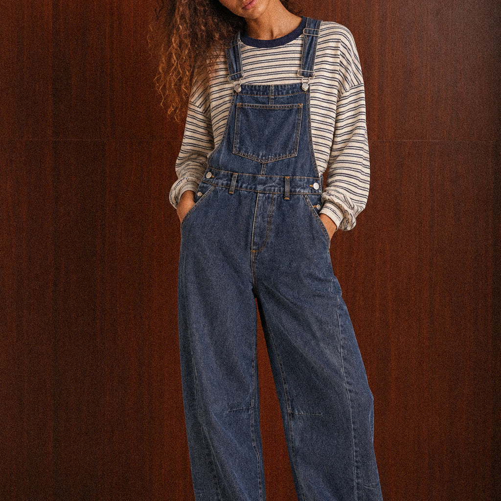 Salopette Donna in Denim Blu 100% Cotone con Pantalone Balloon e Bretelle Regolabili