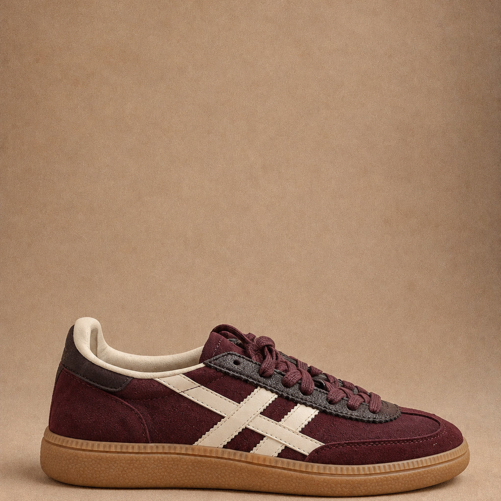 Sneakers Donna  bordeaux e Panna con Suola Caramello in Gomma e Dettagli Scamosciati