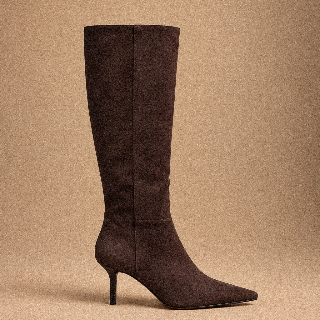 Stivale Donna Marrone Effetto Camoscio a Punta con Tacco 6 cm e Zip Interna